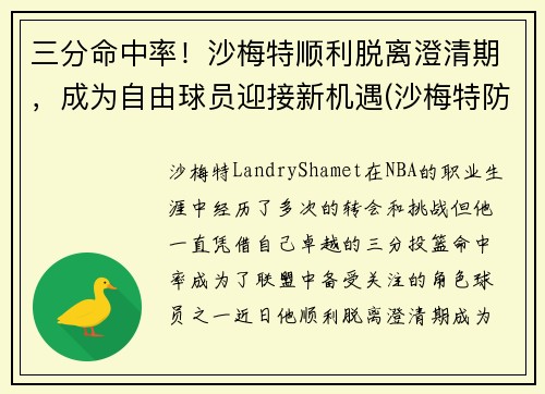 三分命中率！沙梅特顺利脱离澄清期，成为自由球员迎接新机遇(沙梅特防守怎么样)