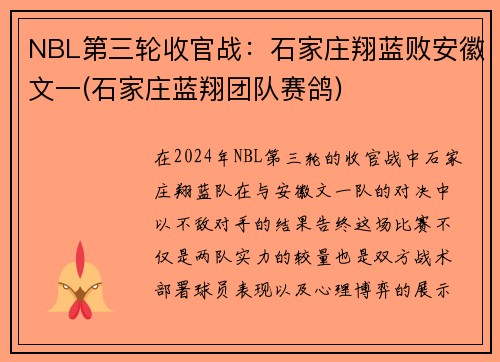 NBL第三轮收官战：石家庄翔蓝败安徽文一(石家庄蓝翔团队赛鸽)