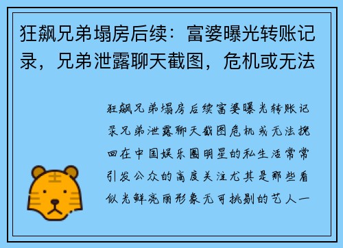 狂飙兄弟塌房后续：富婆曝光转账记录，兄弟泄露聊天截图，危机或无法挽回