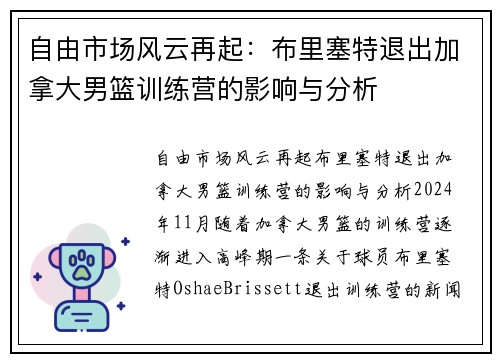 自由市场风云再起：布里塞特退出加拿大男篮训练营的影响与分析