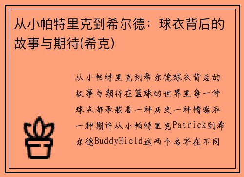 从小帕特里克到希尔德：球衣背后的故事与期待(希克)