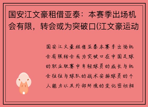 国安江文豪租借亚泰：本赛季出场机会有限，转会或为突破口(江文豪运动员)